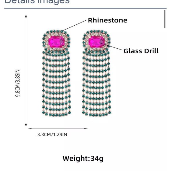 Fuchsia earrings large pink & green fringe long emerald crystal dark green - Picture 8 of 10